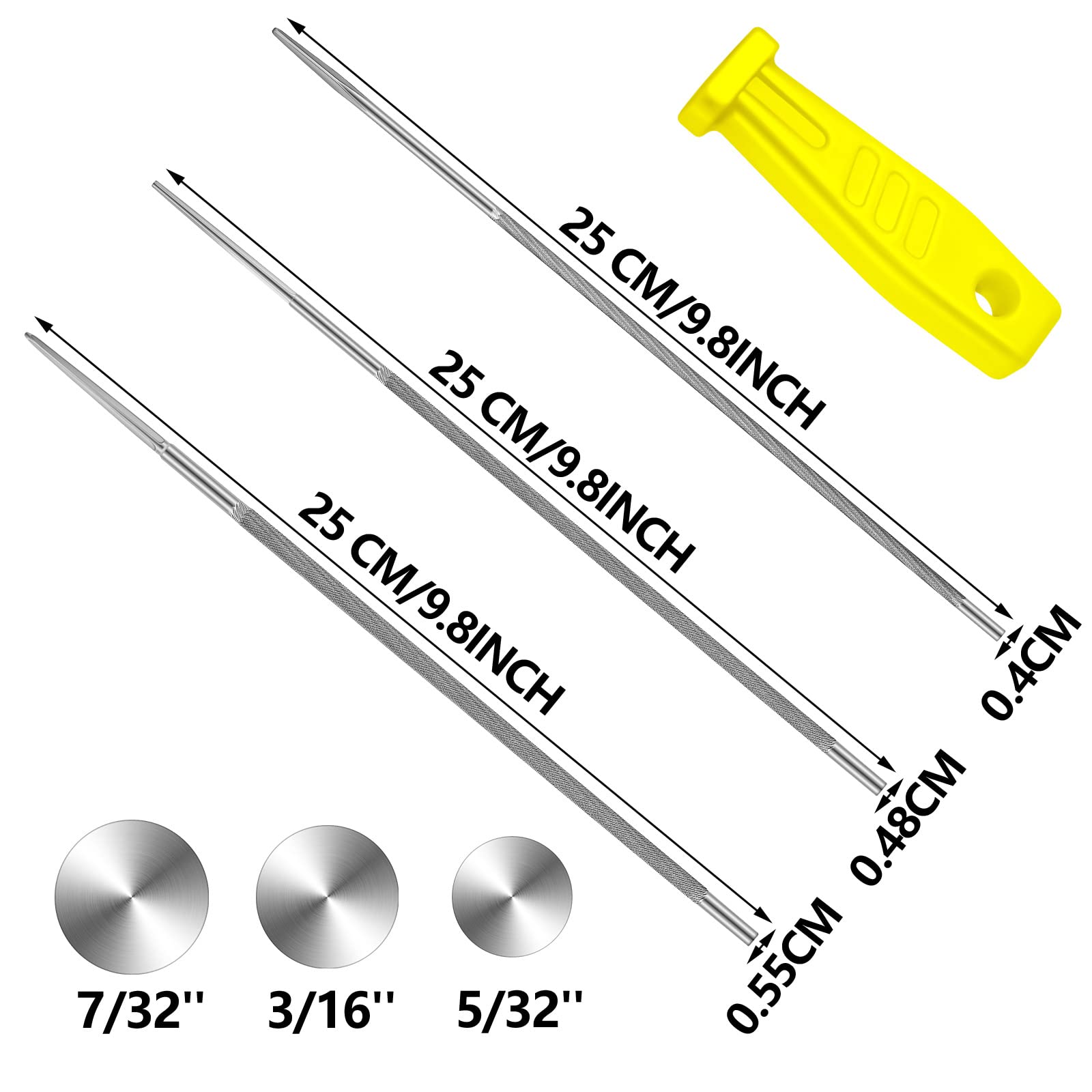 Chumia 6 Pcs Chainsaw Chain File with 3 Plastic Handles for Sharpening Chainsaw File Kit Sharpening Round Files (5/32 7/32 3/16 Inch)