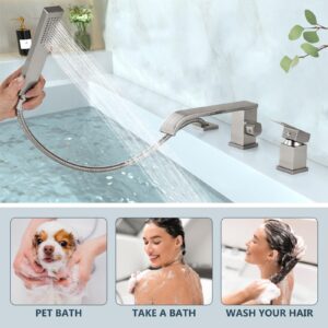 Aolemi Brushed Nickel Widespread Roman Bathtub Faucet Long Waterfall Spout Comportary Tub Filler with Handheld Spray Deck Mount Bathroom Shower Set 3 Hole Single Handle