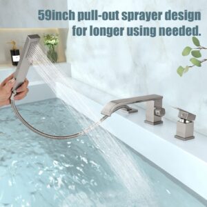 Aolemi Brushed Nickel Widespread Roman Bathtub Faucet Long Waterfall Spout Comportary Tub Filler with Handheld Spray Deck Mount Bathroom Shower Set 3 Hole Single Handle