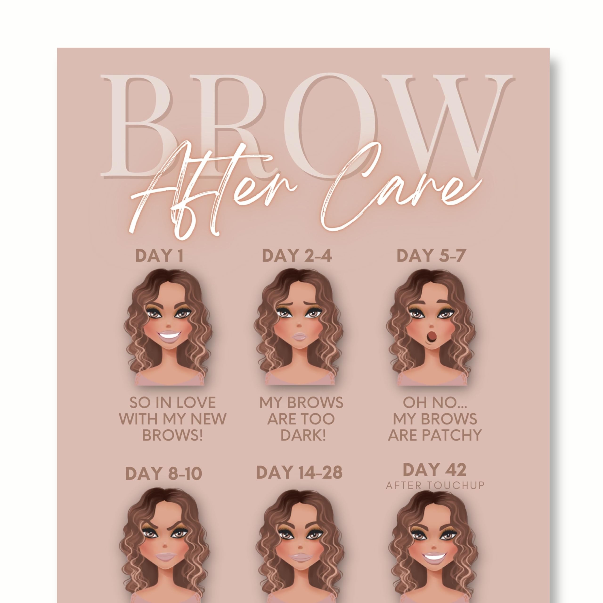 PMU Eyebrow Powder Brow Microblading Aftercare Instruction Cards - 4x6 Inches - Front and Back Stages of brow healing