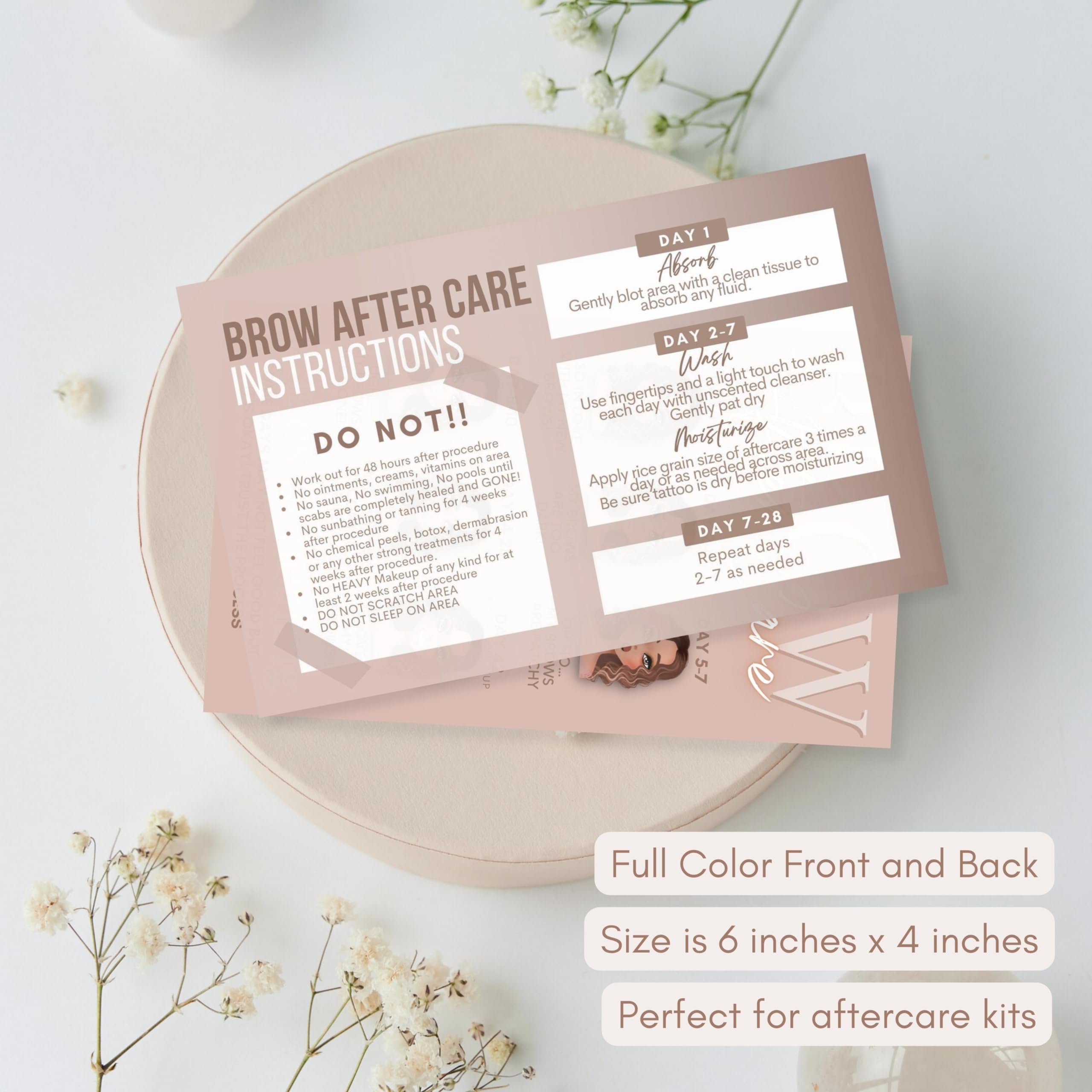 PMU Eyebrow Powder Brow Microblading Aftercare Instruction Cards - 4x6 Inches - Front and Back Stages of brow healing