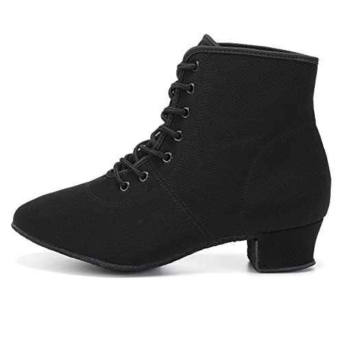 DKZSYIM Women's Latin Dance Boots Close Toe Ballroom Tango Performance Teaching Dancing Shoes,Black-3.5,US 6.5