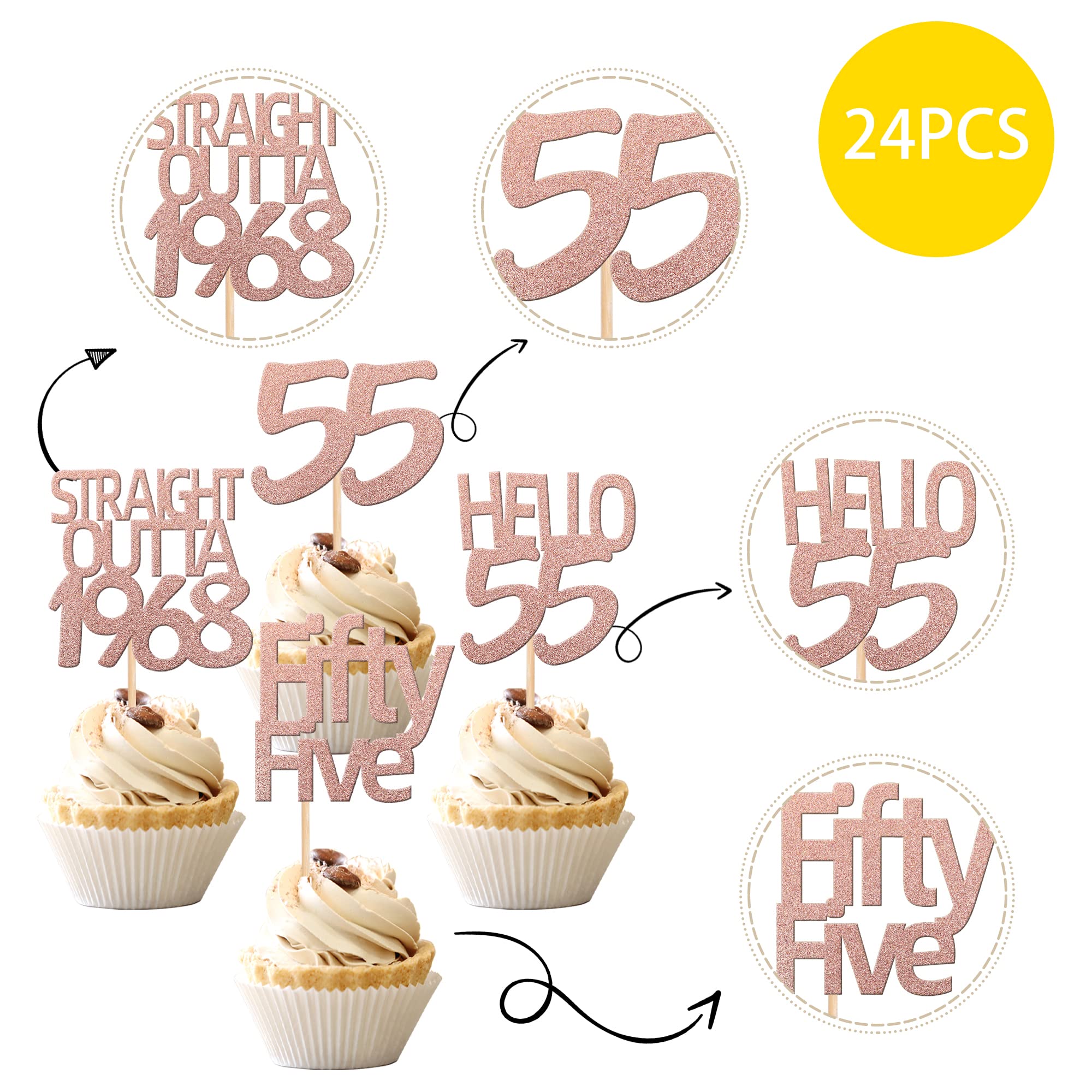 36PCS 60th Birthday Cupcake Toppers Glitter Sixty Hello 60 Straight Outta 1963 Cupcake Picks for Cheers to 60 Birthday Wedding Anniversary Party Cake Decoration Supplies Rose Gold