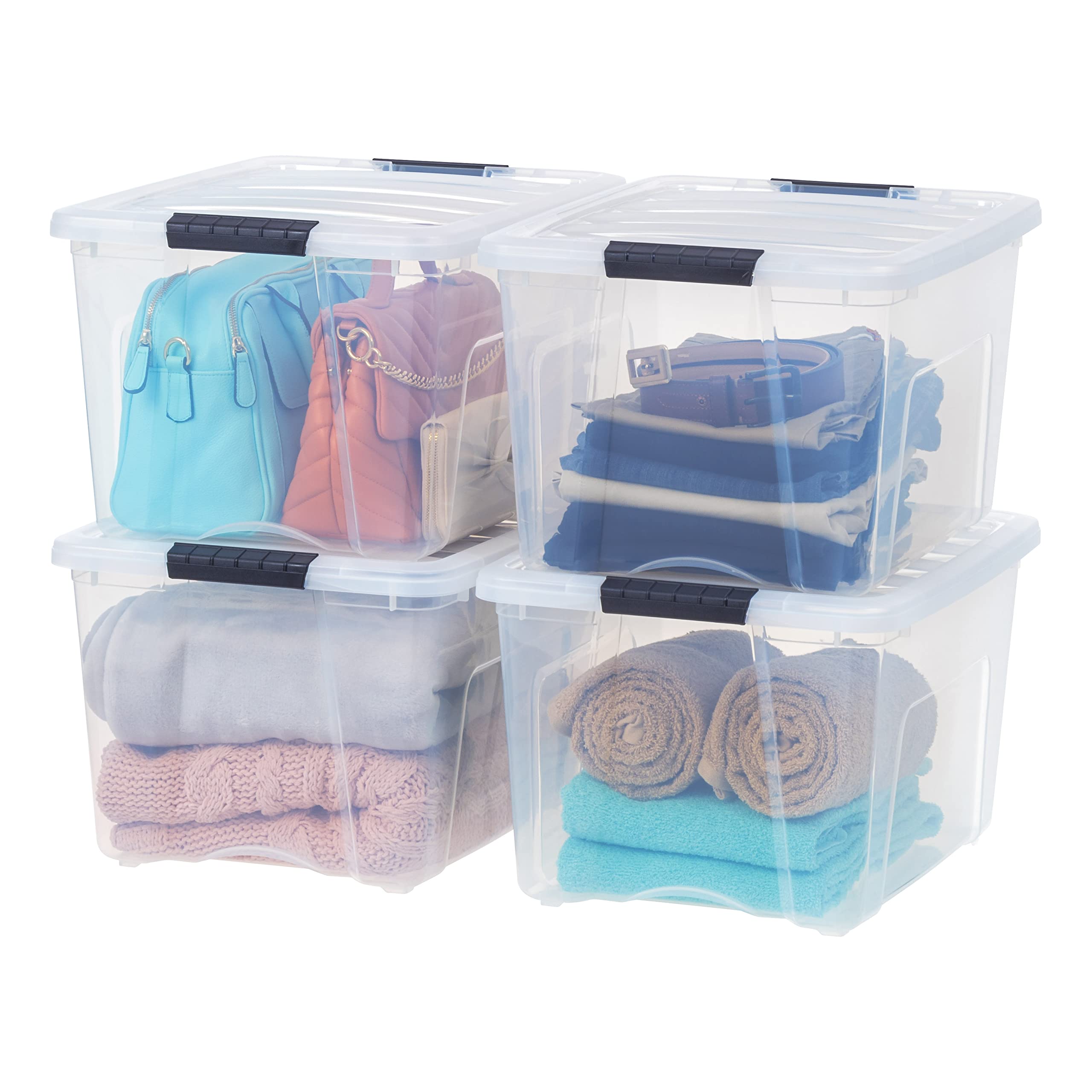 IRIS USA 40 Quart Stackable Plastic Storage Bins with Lids and Latching Buckles, 4 Pack - Clear, Containers with Lids and Latches, Durable Nestable Closet, Garage, Totes, Tubs Boxes Organizing