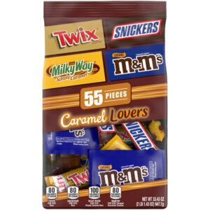 mars snickers, m&m's caramel, twix & milky way caramel variety pack fun size caramel chocolate candy bar assortment (33.43oz, 55 pieces) bag