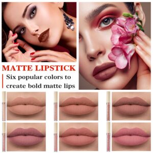 IONSGAKO 6 Colors Matte Nude Lipstick Set Liquid Lipstick Velvet Lip Gloss Lip Stain Long Lasting Waterproof Nude Pink Lipstick Set for Women Lip Makeup (SET-B)