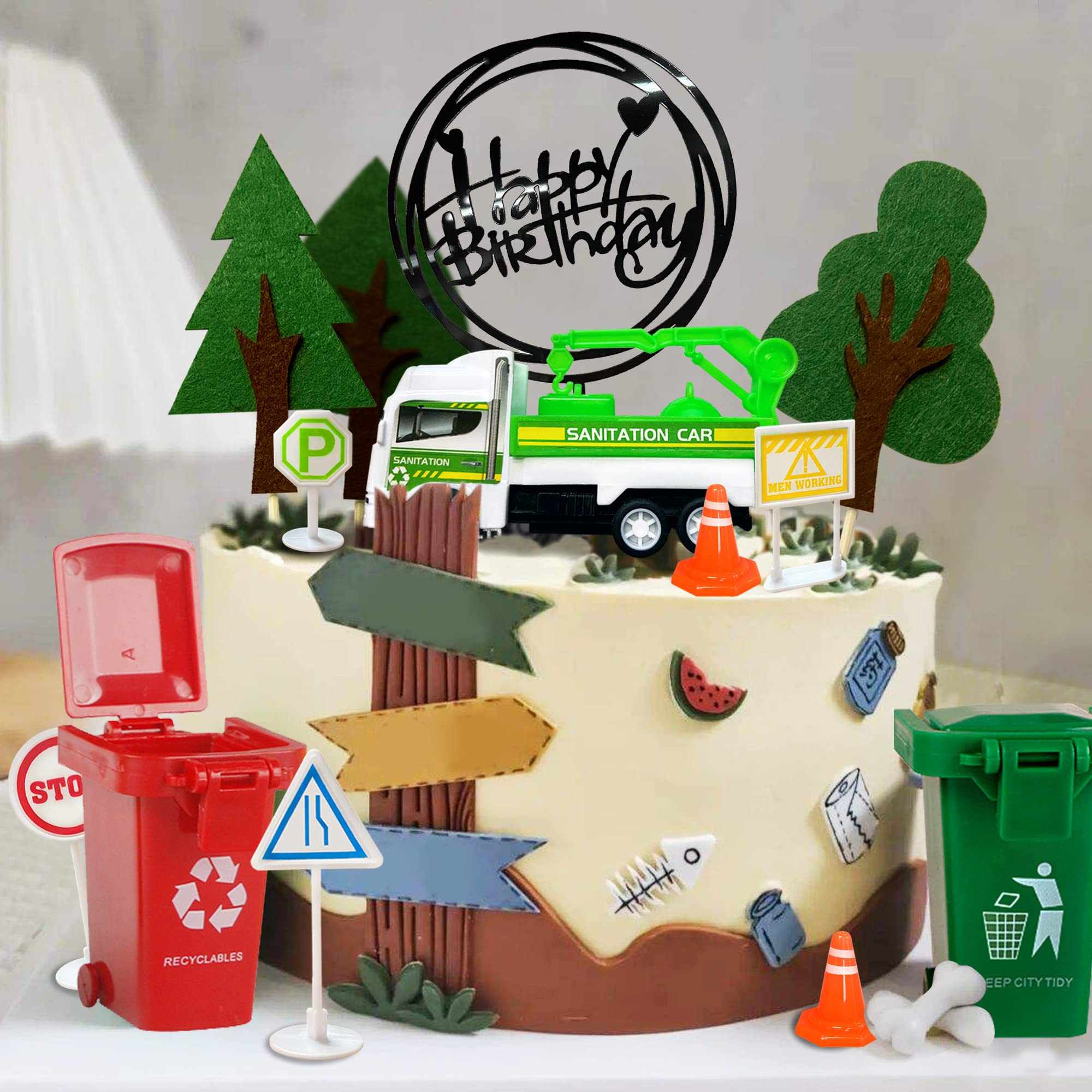 17PCS Garbage Truck Cake Topper Trash Truck Cake Decorations Trash Can Birthday Party for Trash Truck Waste Management Recycling Party Supplies