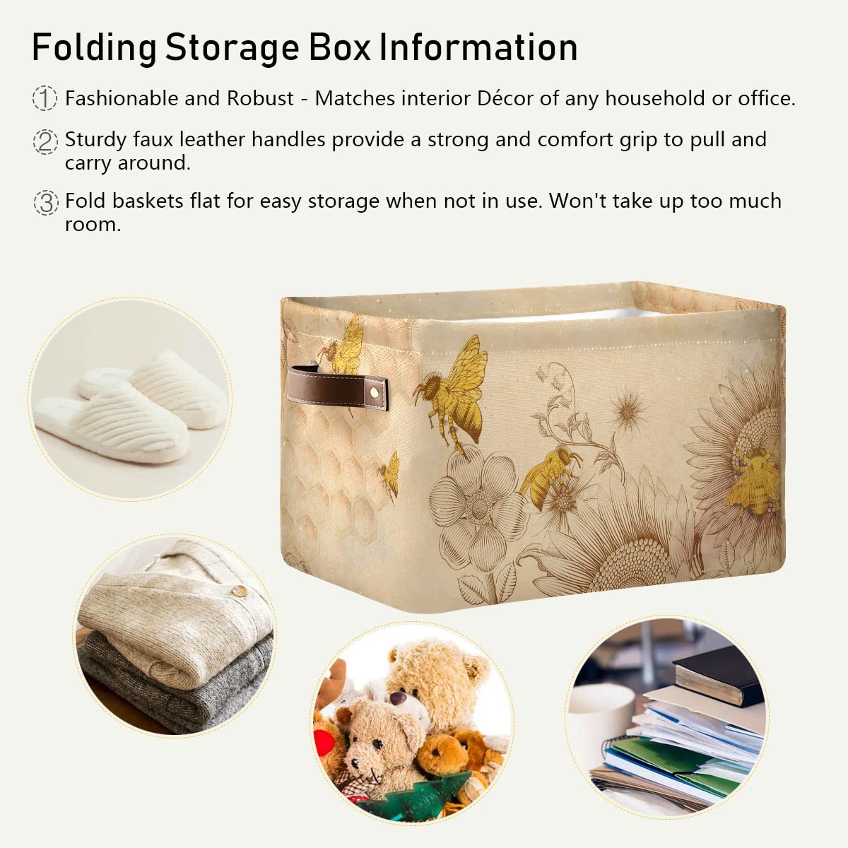 Retro Honey Bees and Sunflowers Rectangle Storage Basket Collapsible Storage Bin for Nursery Toys Books Waterproof Baskets for Closet Shelves Bedroom Decor