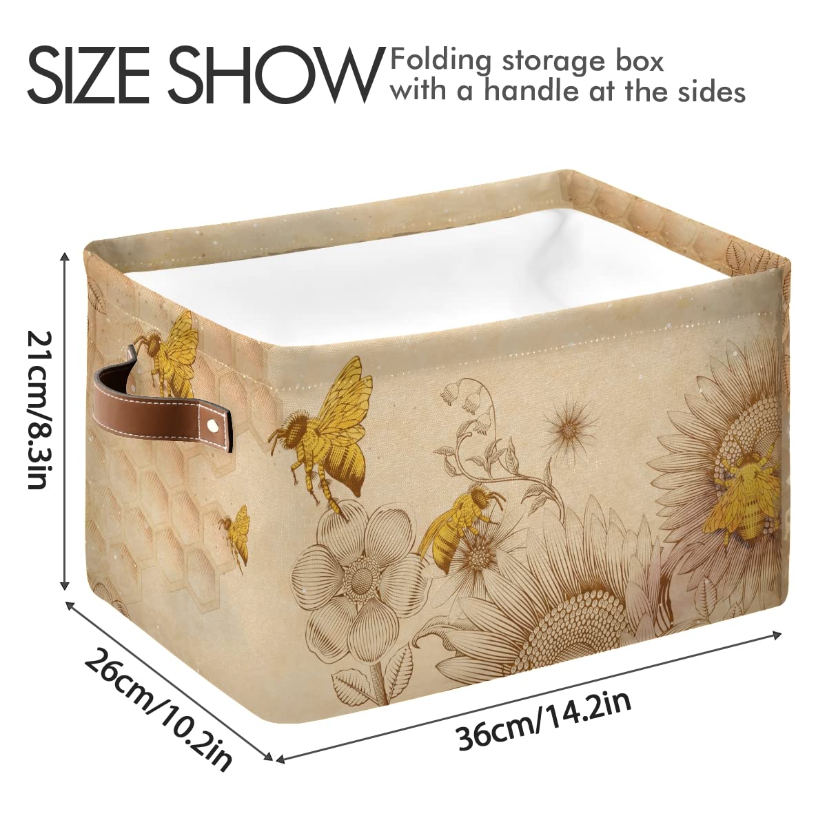 Retro Honey Bees and Sunflowers Rectangle Storage Basket Collapsible Storage Bin for Nursery Toys Books Waterproof Baskets for Closet Shelves Bedroom Decor