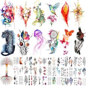 quichic 180+ pieces watercolor animal temporary tattoos, flower aesthetic tattoos for women kids, includes 14 large long lasting fake tattoos party favors for kid