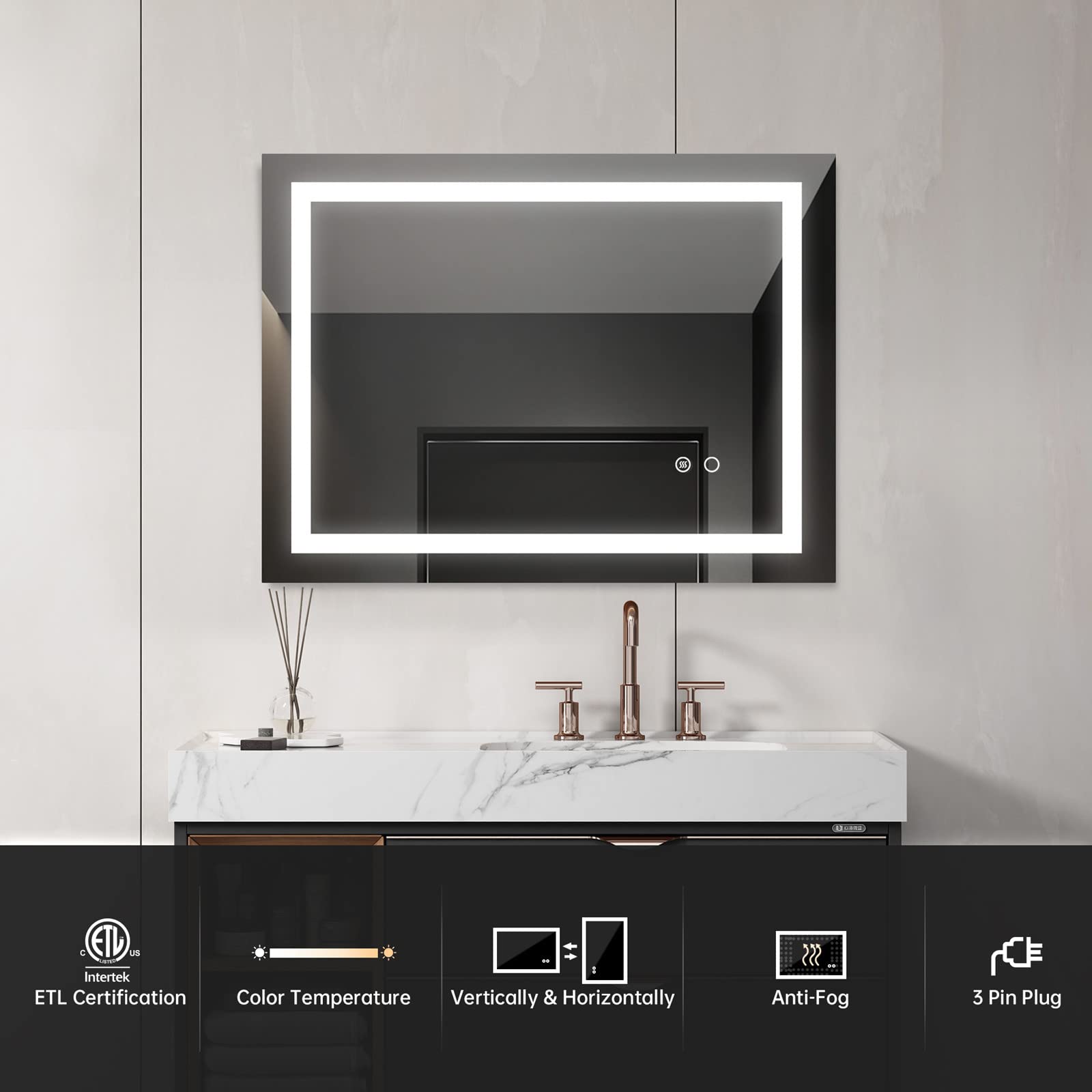 Tesmula 32x24” LED Lighted Bathroom Wall Mounted Mirror with High Lumen Anti-Fog Separately Control Dimmer Function