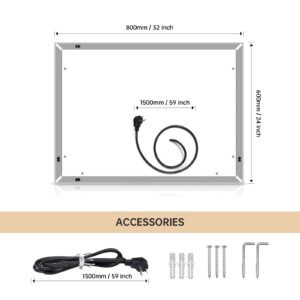 Tesmula 32x24” LED Lighted Bathroom Wall Mounted Mirror with High Lumen Anti-Fog Separately Control Dimmer Function