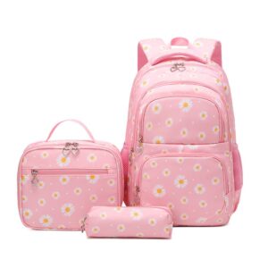 Armbq 3Pcs Daisy Printed Kids Backpack Girls School Bookbag Set Elementary Students Daypack with Lunch Bag