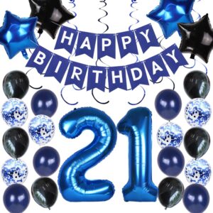 yunxuan 21st birthday decorations, 21st birthday decorations for him, happy birthday banner blue number 21 foil balloon for 21st anniversary decorations birthday party backdrop