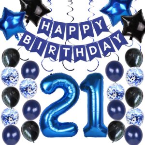 YUNXUAN 21st Birthday Decorations, 21st Birthday Decorations for Him, Happy Birthday Banner Blue Number 21 Foil Balloon for 21st Anniversary Decorations Birthday Party Backdrop