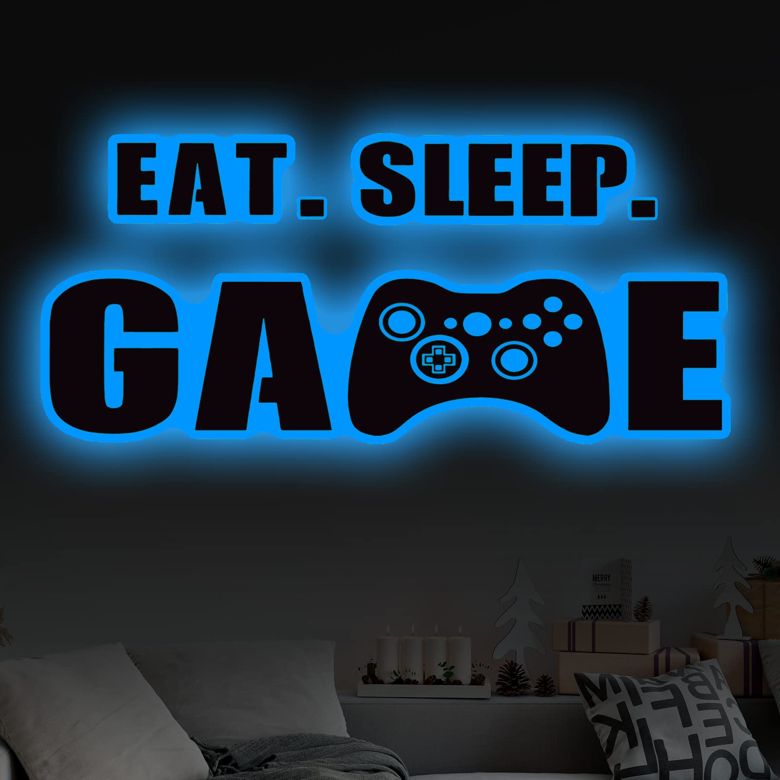 Eat Sleep Game Wall Decal Glow at Night Gamer Boy Wall Stickers Video Game Wall Decor Gaming Controller Wall Decals for Boys Room Kids Bedroom Home Playroom Decor (Lovely Style,23.6 x 10 Inch)