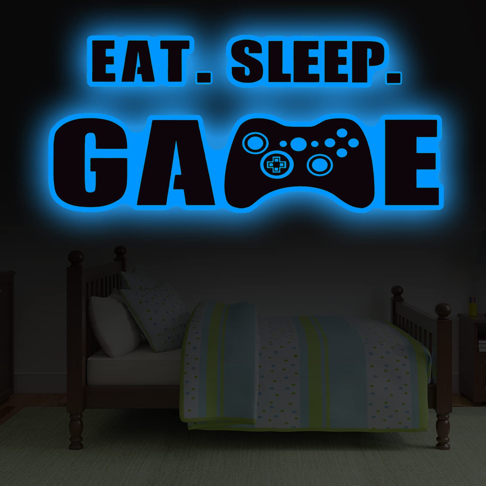 Eat Sleep Game Wall Decal Glow at Night Gamer Boy Wall Stickers Video Game Wall Decor Gaming Controller Wall Decals for Boys Room Kids Bedroom Home Playroom Decor (Lovely Style,23.6 x 10 Inch)