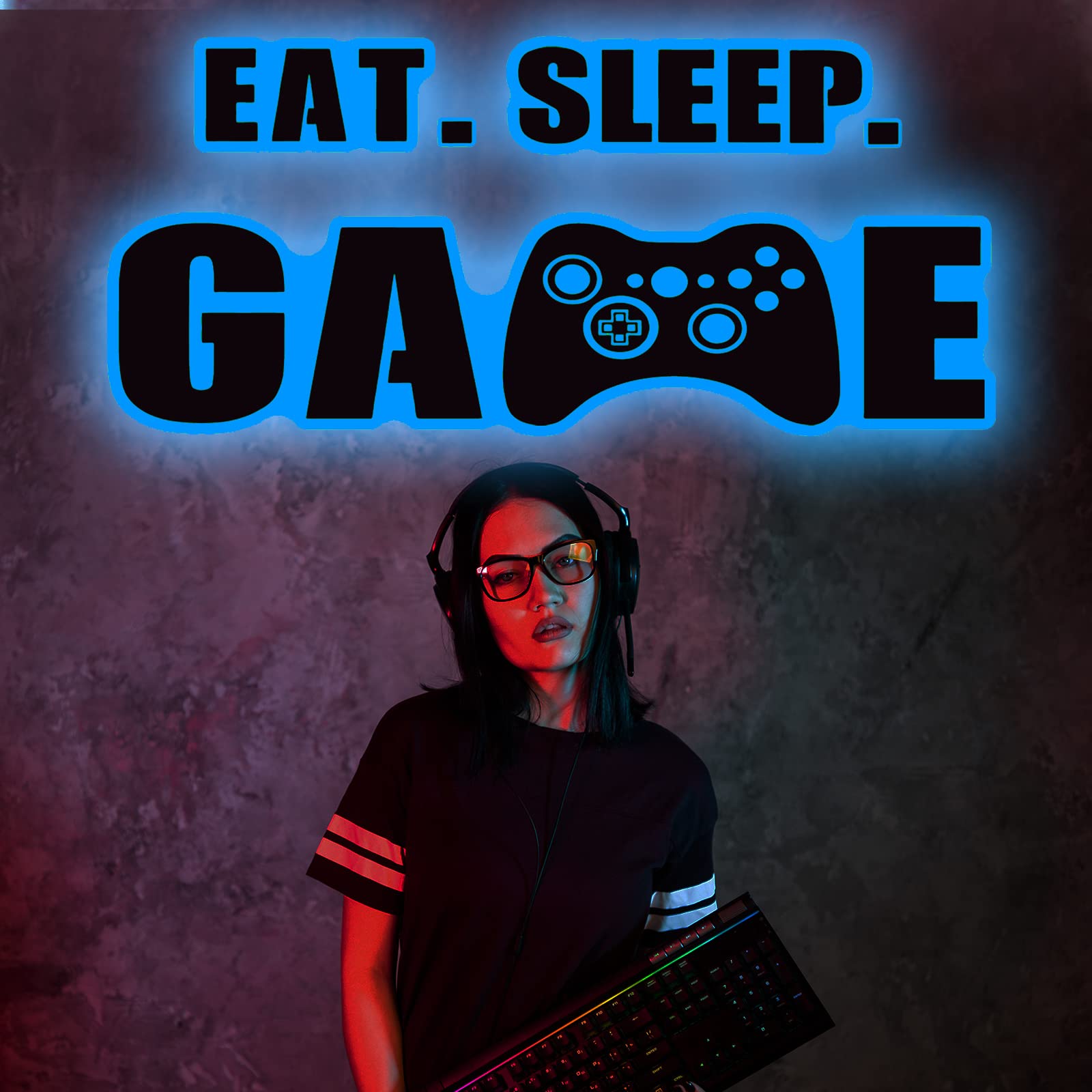 Eat Sleep Game Wall Decal Glow at Night Gamer Boy Wall Stickers Video Game Wall Decor Gaming Controller Wall Decals for Boys Room Kids Bedroom Home Playroom Decor (Lovely Style,23.6 x 10 Inch)