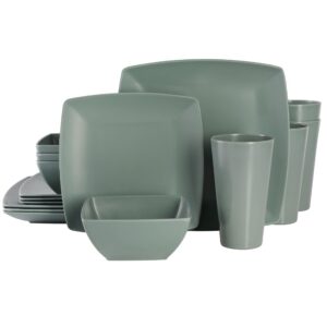 gibson home soho grayson square melamine plastic dinnerware set, service for four (16pcs), green