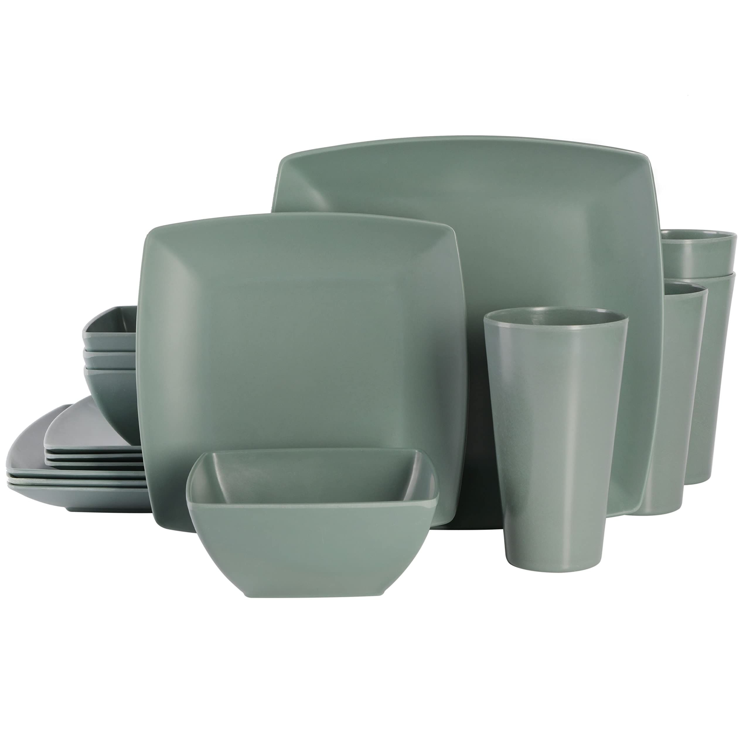 Gibson Home Soho Grayson Square Melamine Plastic Dinnerware Set, Service for Four (16pcs), Green