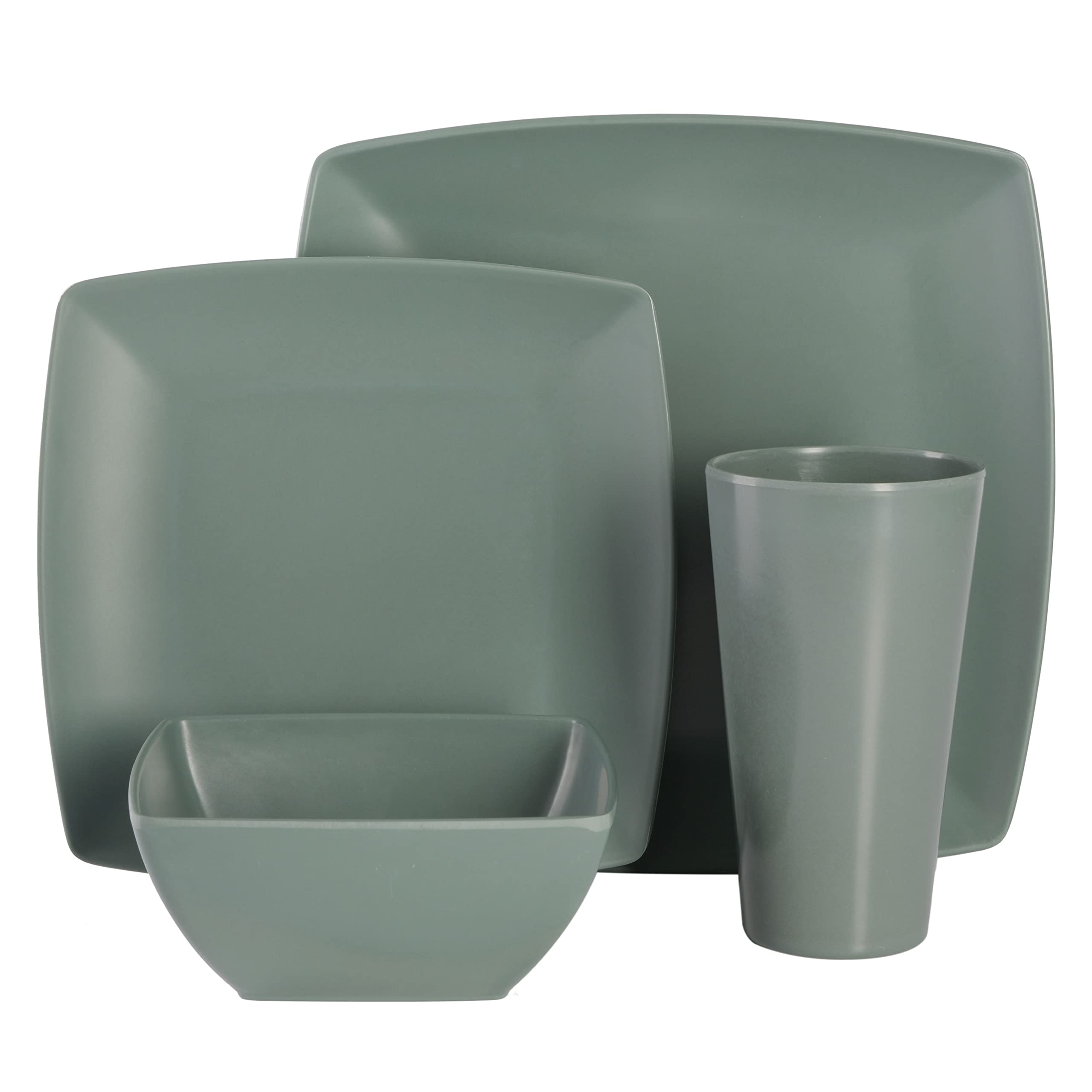 Gibson Home Soho Grayson Square Melamine Plastic Dinnerware Set, Service for Four (16pcs), Green