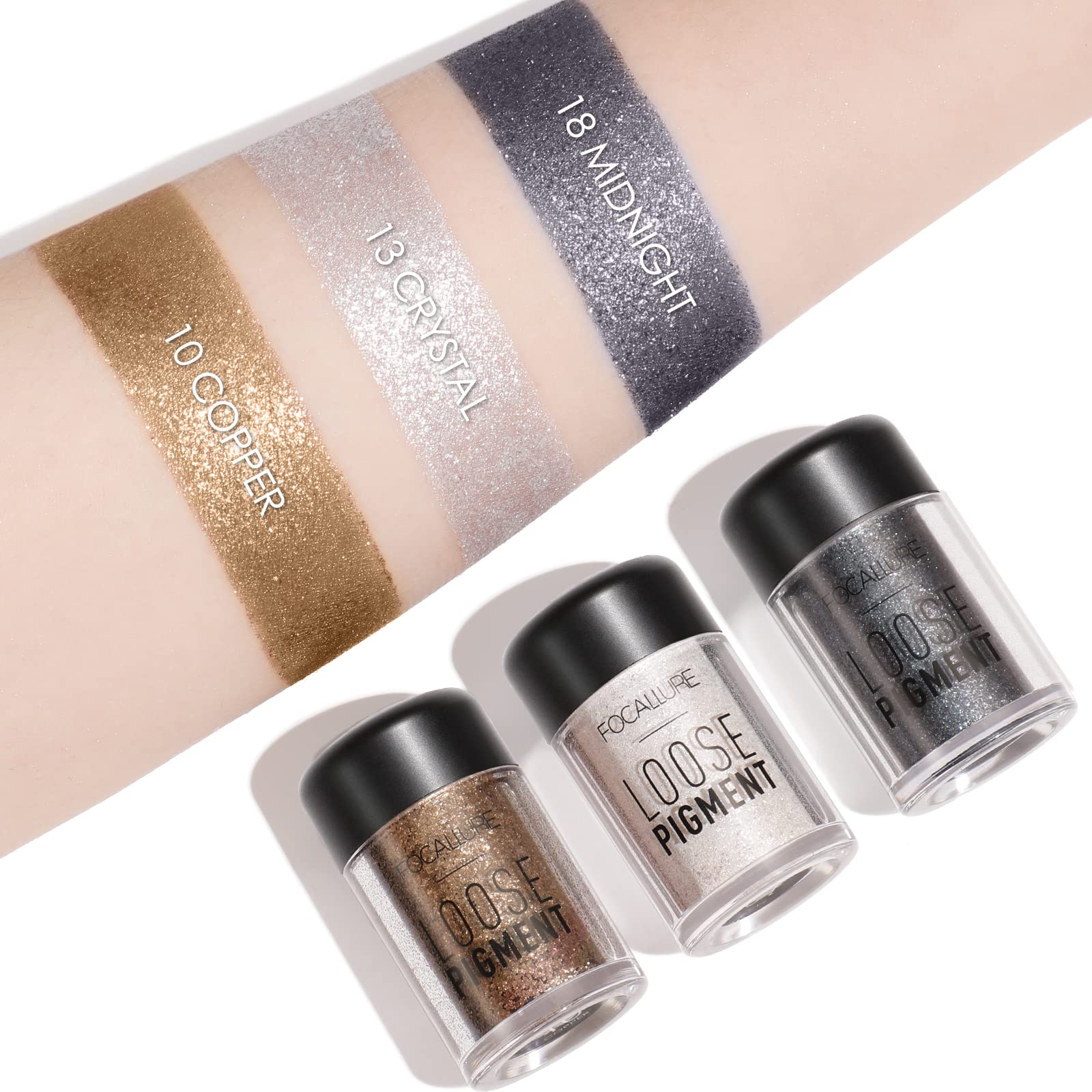 FOCALLURE 3 Pcs Mineral Eyeshadow Pigment,Waterproof Loose Glitter Eyeshadow,Long Lasting Sparkling Finish Eye Shadow with High-pigment Formula,Easy to Create High-impact Eye Looks,Smokey Metallics