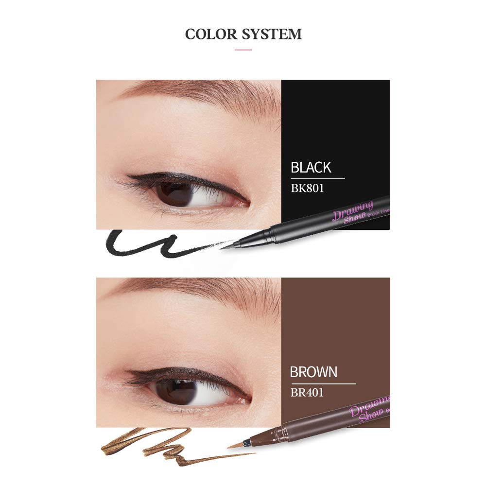 ETUDE Drawing Show Brush Eyeliner #BK801 Black (21AD) | Clear-Cut Soft Brush Eyeliner for a Long-Lasting Eyes Makeup | K-beauty