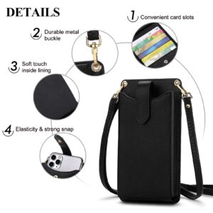 RONSIN Small Crossbody Cell Phone Purse Wallet for Women, Mini Shoulder Bag with RFID Credit Card Slots, 01-Black Litchi