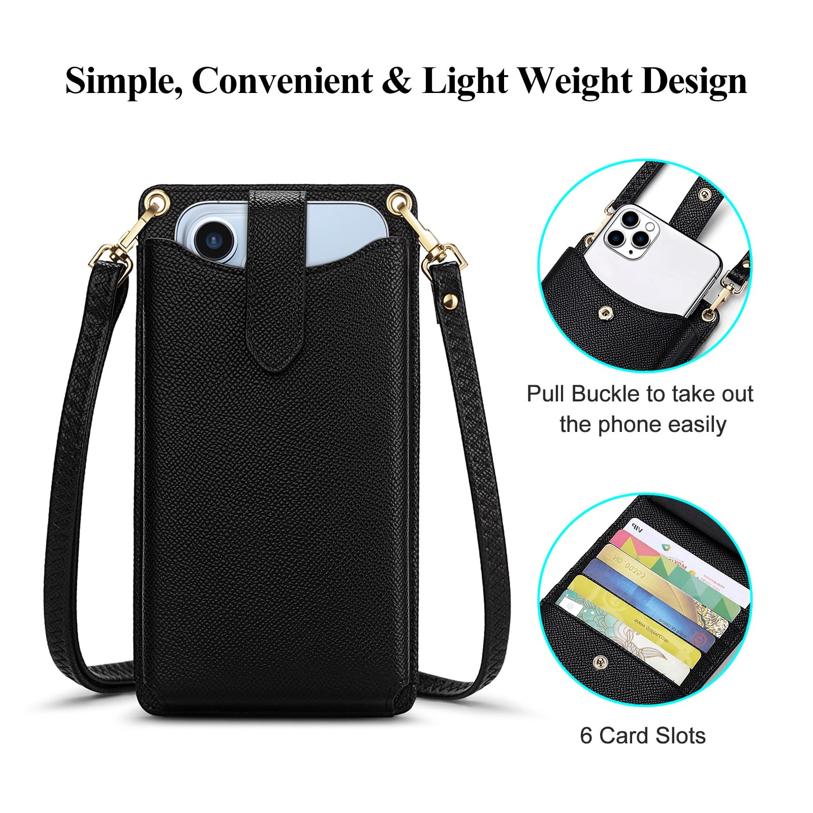 RONSIN Small Crossbody Cell Phone Purse Wallet for Women, Mini Shoulder Bag with RFID Credit Card Slots, 01-Black Litchi