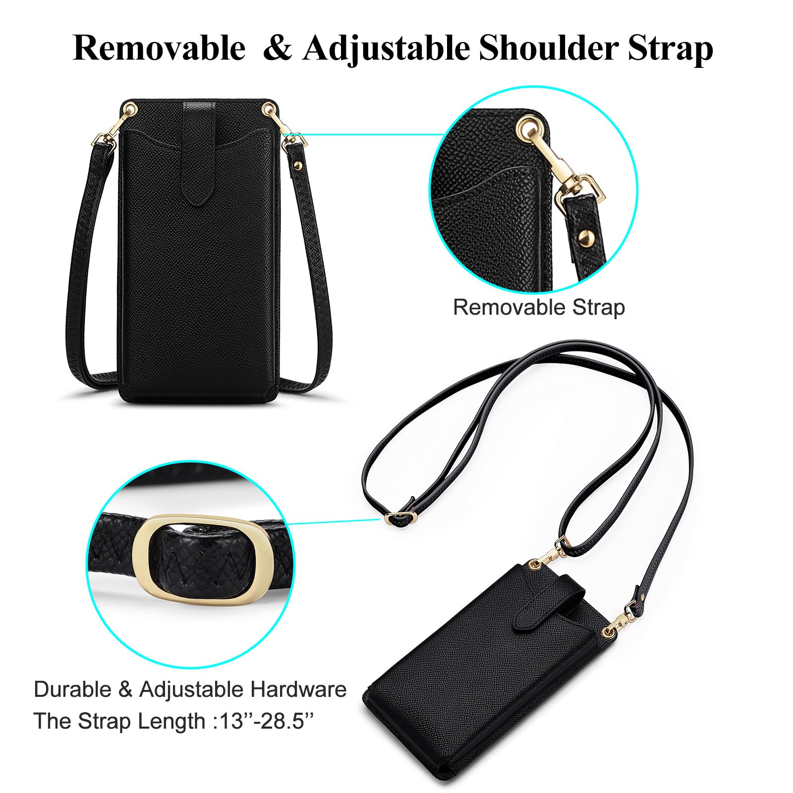 RONSIN Small Crossbody Cell Phone Purse Wallet for Women, Mini Shoulder Bag with RFID Credit Card Slots, 01-Black Litchi