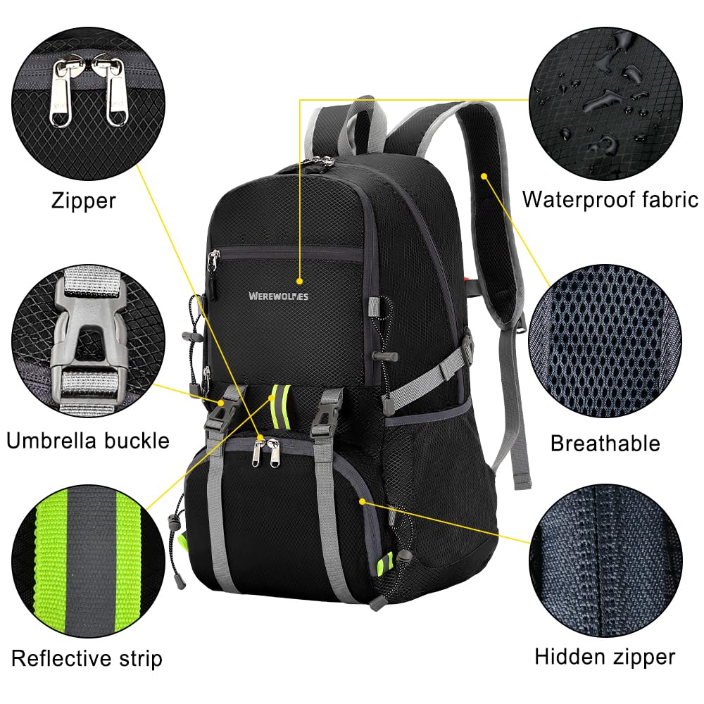 WEREWOLVES Lightweight Waterproof Foldable Small Backpack - Water Resistant Hiking Daypack for Outdoor Camping Travel (20L, Black)