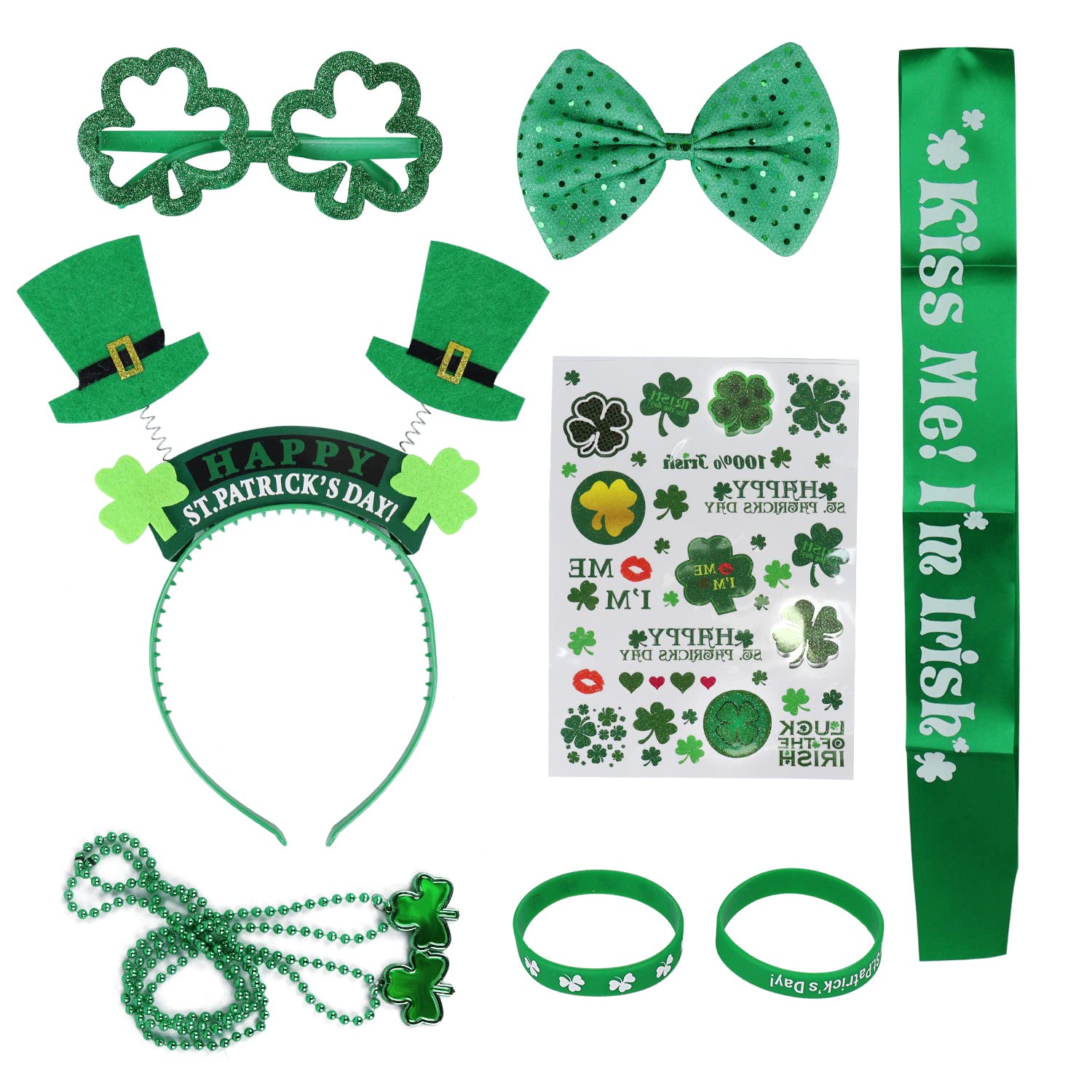 St. Patrick's Day 9pcs Costume Set, Irish Lucky Green Bow Necklace Glass Tattoo Sticker Rubby Wristbands, Carnival Hololiday Accessory Decorations