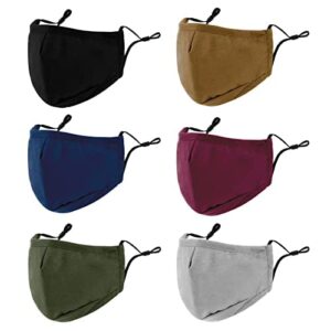 3-ply cloth face mask 6 pack,washable, reusable and breathable face covering with adjustable ear protection loops for women and men (black/grey/wine red/dark green/dark blue/brown)