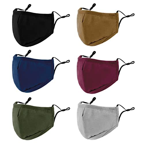 3-Ply Cloth Face Mask 6 Pack,Washable, Reusable and Breathable Face Covering with Adjustable Ear Protection Loops for Women and Men (Black/Grey/Wine Red/Dark Green/Dark Blue/Brown)