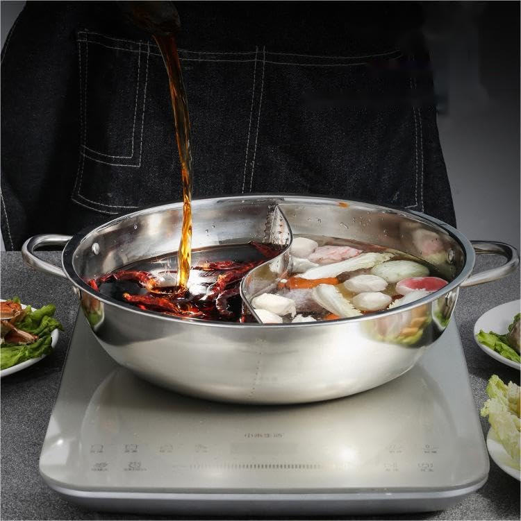 Stainless Steel Shabu Hot Pot, Divided Hot Pot Pan Hollow handle for Induction Cooker Gas Furnace Electric Furnace Ceramic Hob (34CM)