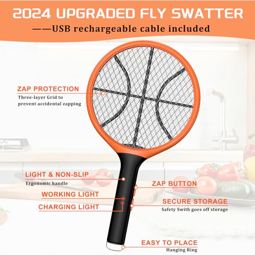 LUOJIBIE Electric Fly Swatter, Bug Zapper Racket Rechargeable Mosquito Zapper Handheld Fly Zapper with Hanging Ring for Home Indoor Outdoor, Large Size-1 Pack