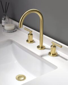 brushed gold bathroom faucet, indare two handles 360° swivel spout widespread 4inch 8inch brass bathroom sink faucet 3 hole with pop-up drain and water supply lines, upgraded style