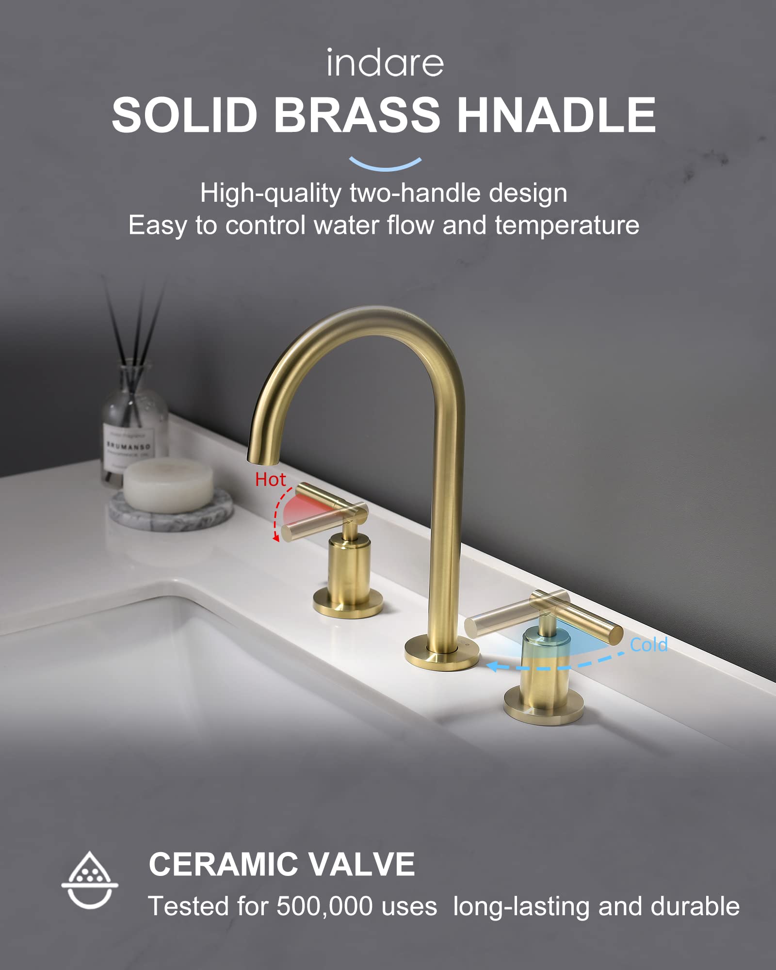 Brushed Gold Bathroom Faucet, Indare Two Handles 360° Swivel Spout Widespread 4Inch 8Inch Brass Bathroom Sink Faucet 3 Hole with Pop-Up Drain and Water Supply Lines, Upgraded Style