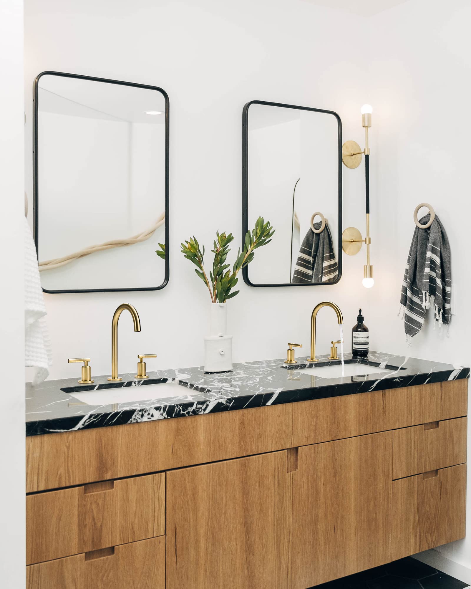 Brushed Gold Bathroom Faucet, Indare Two Handles 360° Swivel Spout Widespread 4Inch 8Inch Brass Bathroom Sink Faucet 3 Hole with Pop-Up Drain and Water Supply Lines, Upgraded Style