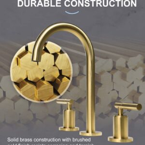 Brushed Gold Bathroom Faucet, Indare Two Handles 360° Swivel Spout Widespread 4Inch 8Inch Brass Bathroom Sink Faucet 3 Hole with Pop-Up Drain and Water Supply Lines, Upgraded Style