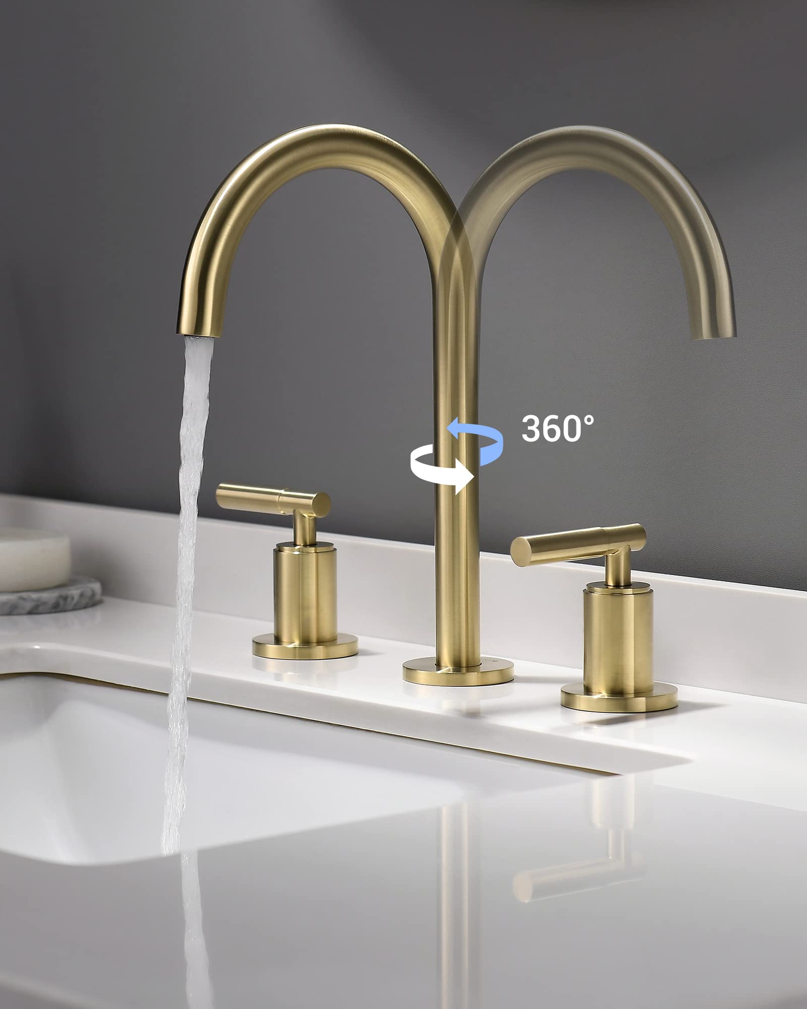 Brushed Gold Bathroom Faucet, Indare Two Handles 360° Swivel Spout Widespread 4Inch 8Inch Brass Bathroom Sink Faucet 3 Hole with Pop-Up Drain and Water Supply Lines, Upgraded Style