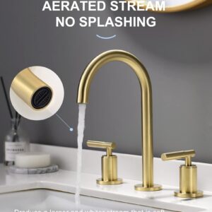 Brushed Gold Bathroom Faucet, Indare Two Handles 360° Swivel Spout Widespread 4Inch 8Inch Brass Bathroom Sink Faucet 3 Hole with Pop-Up Drain and Water Supply Lines, Upgraded Style