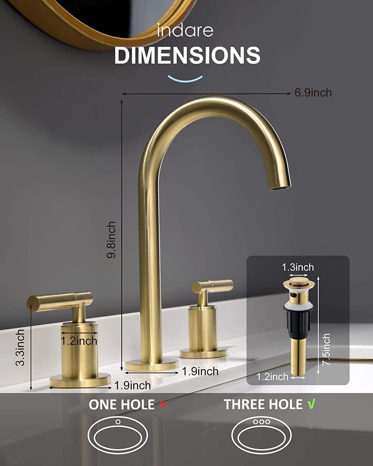 Brushed Gold Bathroom Faucet, Indare Two Handles 360° Swivel Spout Widespread 4Inch 8Inch Brass Bathroom Sink Faucet 3 Hole with Pop-Up Drain and Water Supply Lines, Upgraded Style