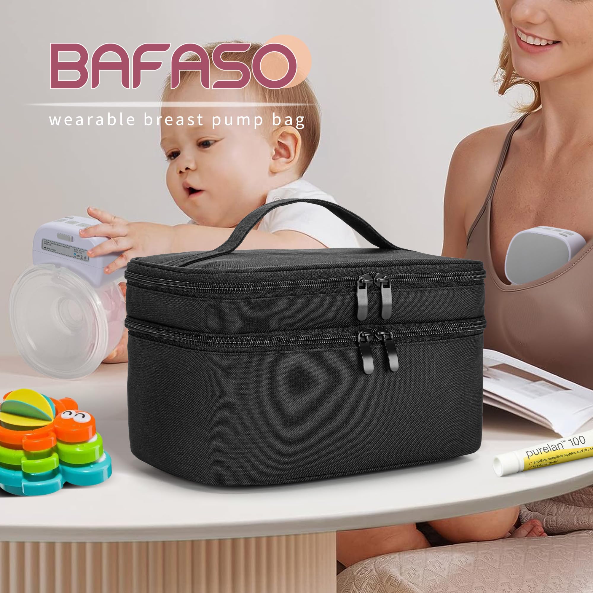 BAFASO Wearable Breast Pump Bag Compatible with Momcozy S12 Pro, Momcozy M5, Elvie Breast Pump, Carrying Case for Wearable Breast Pump and Extra Parts, Black