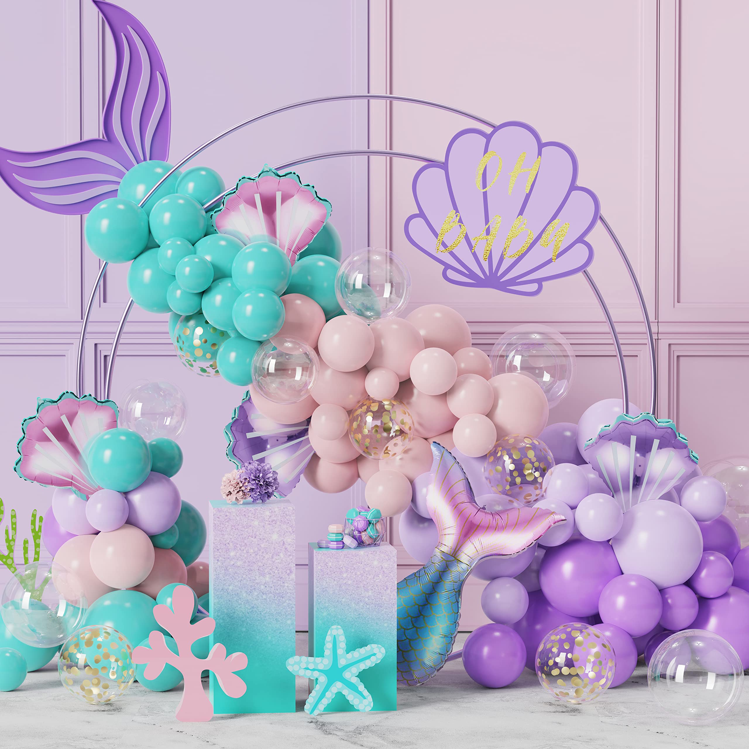 124Pcs Mermaid Balloon Garland Kit, Mermaid Tail Purple Pink Shell Pink Purple Blue Balloons for Girls Mermaid Birthday Party Under The Sea Party Decorations