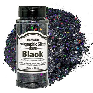 hemoer black glitter 100g/3.5oz holographic chunky sequins, cosmetic craft glitters set for resin, body, hair, face, nail, slime festival party art and more