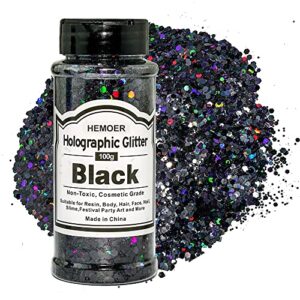 HEMOER Black Glitter 100g/3.5oz Holographic Chunky Sequins, Cosmetic Craft Glitters Set for Resin, Body, Hair, Face, Nail, Slime Festival Party Art and More