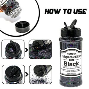 HEMOER Black Glitter 100g/3.5oz Holographic Chunky Sequins, Cosmetic Craft Glitters Set for Resin, Body, Hair, Face, Nail, Slime Festival Party Art and More