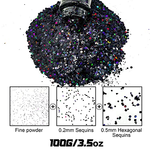 HEMOER Black Glitter 100g/3.5oz Holographic Chunky Sequins, Cosmetic Craft Glitters Set for Resin, Body, Hair, Face, Nail, Slime Festival Party Art and More
