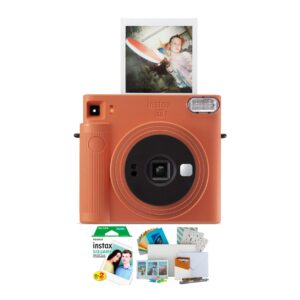 fujifilm instax square sq1 instant camera (terracotta orange) bundle film double pack with photobox keepsake accessory kit (3 items)